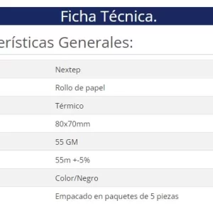Rollo de Papel Nextep Térmico NE-529 80x70 mm c/5 piezas gramaje 55 y largo 55m +5% impresión color negro