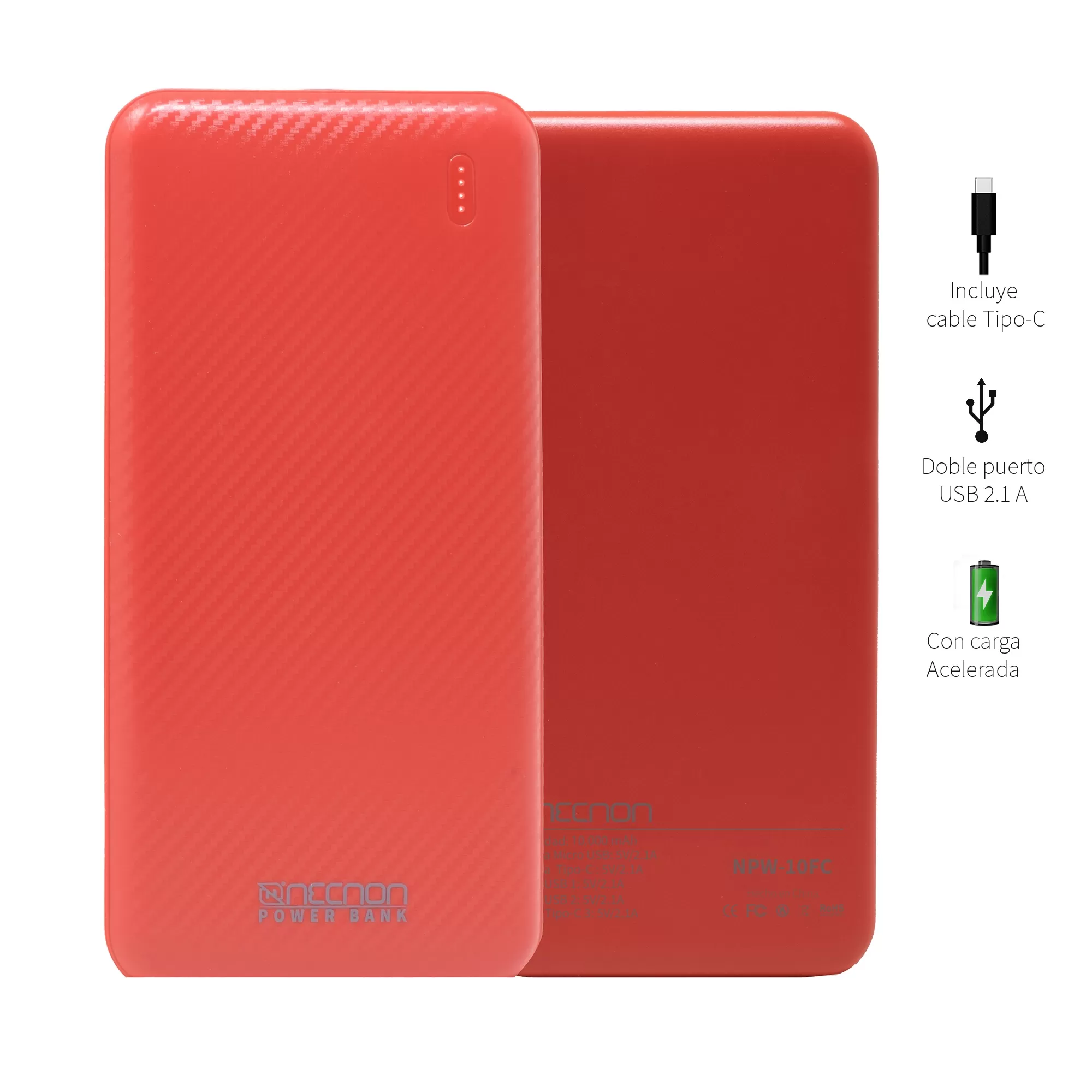 Power Bank NPW-10FC Necnon 10000mAh Carga 2.1A 2 A 3 Cargas - Imagen 2