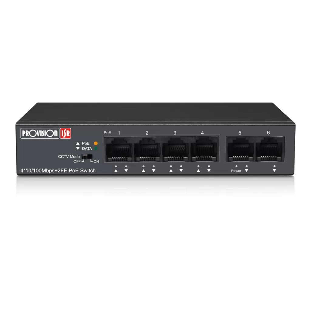 Switch PoE de 4 canales, Total power 60W, en modo CCTV puedes conectar cámaras IP hasta 250 mts