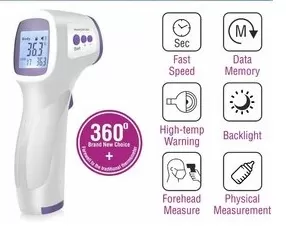 Termómetro Infrarrojo Modelo HG01, marca HI8US. A distancia detecta la temperatura humana por vía infrarrojo, funciona con baterías AA (No incluidas).