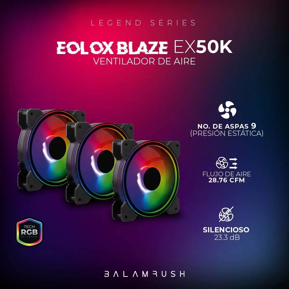 Kit 3 Ventiladores de 120mm ARGB Balam Rush Eolox Blaze EX50K Velocidad: 1500 Rpm Flujo de aire: 28.76 CFM - Imagen 4