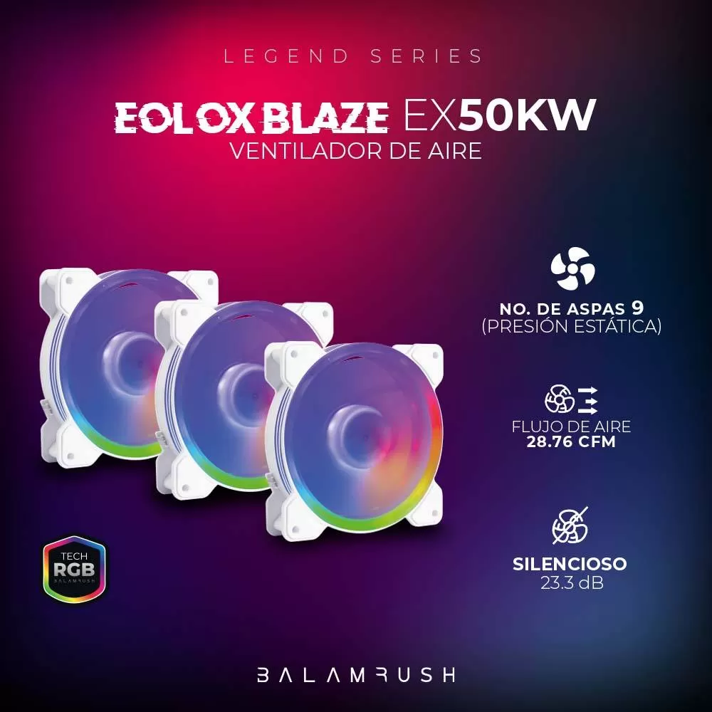 Kit 3 Ventiladores de 120mm ARGB Balam Rush Eolox Blaze EX50KW Velocidad: 1500 Rpm Flujo de aire: 28.76 - Imagen 4