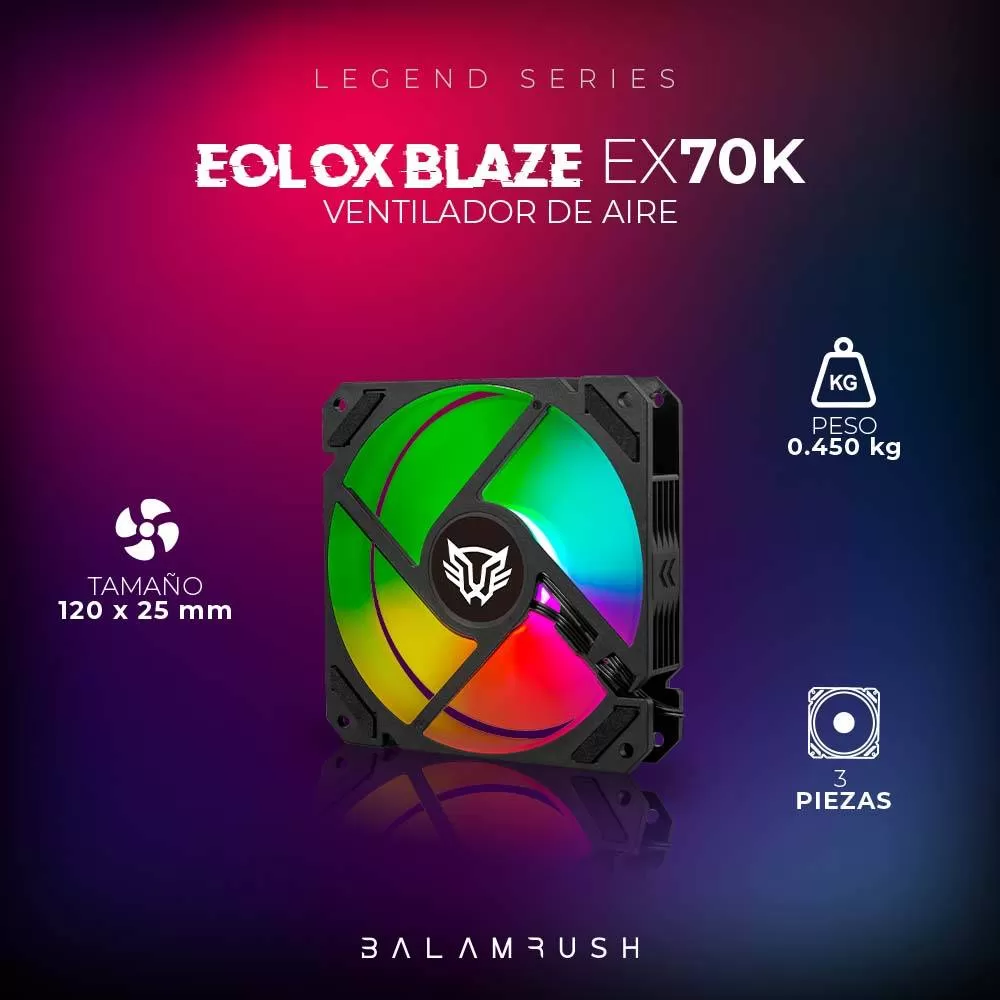Kit 3 Ventiladores de 120mm ARGB Balam Rush Eolox Blaze EX70K: Velocidad: 1200 Rpm Flujo de aire: 30.71 CFM - Imagen 2