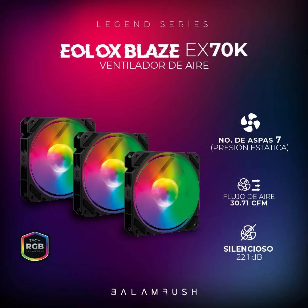 Kit 3 Ventiladores de 120mm ARGB Balam Rush Eolox Blaze EX70K: Velocidad: 1200 Rpm Flujo de aire: 30.71 CFM - Imagen 4