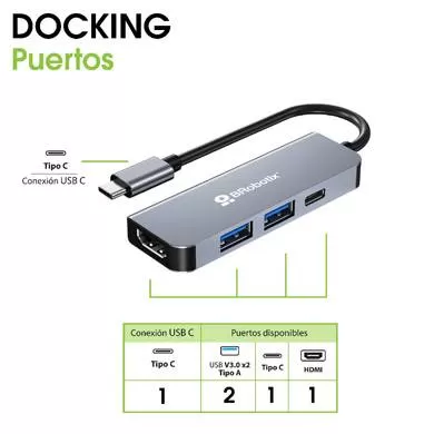 DOCKING STATION USB C, 4 EN 1, 1 PUERTO HDMI / 2 PUERTOS USB V3.0 / 1 PUERTO USB TIPO C, BROBOTIX, 6006221 - Imagen 3