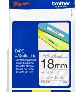 Etiqueta clara continua laminada Brother TZE141, de 18 mm de ancho x 8 mts de largo. Impresión en negro.