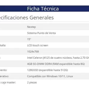 Sistema POS Nextep 15 NE522 Intel Celeron J4125 4 Gb Memoria 128Gb Freedos Compatible con Windows 10/11 Linux resolución 1024x768 hasta 2,70 GHz