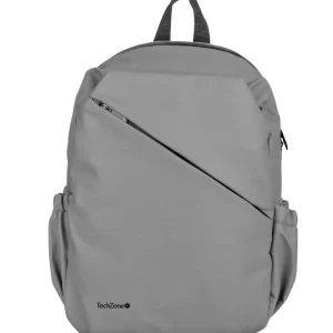 Backpack STYLE TZLBP29-G TECHZONE 16, resistente a salpicaduras 100% Poliéster, color Gris, GARANTIA LIMITADA DE POR VIDA.