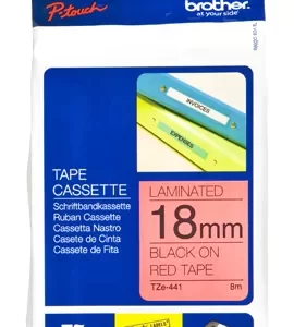 Etiqueta roja continua laminada Brother TZE441, de 18 mm de ancho x 8 mts de largo. Impresión en negro.