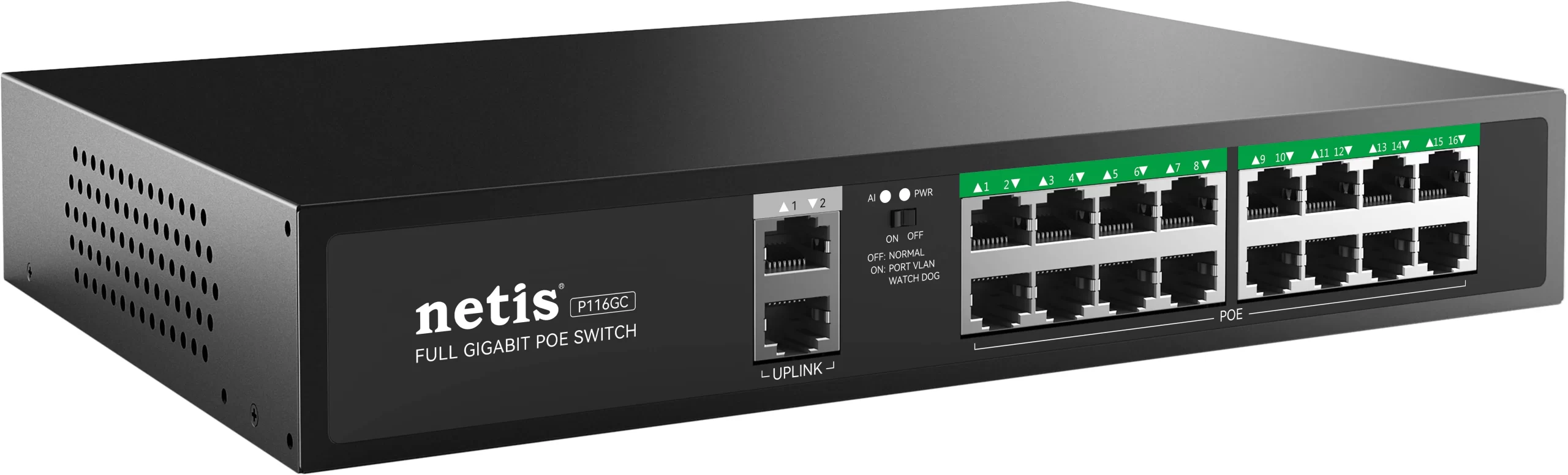 Netis Switch POE P116GC, 16 Puertos POE y 2 Puertos Uplink, 240W, 1000 Mbps, Watch Dog, Plug & Play, 250 Mts de Alcance, No Administrable