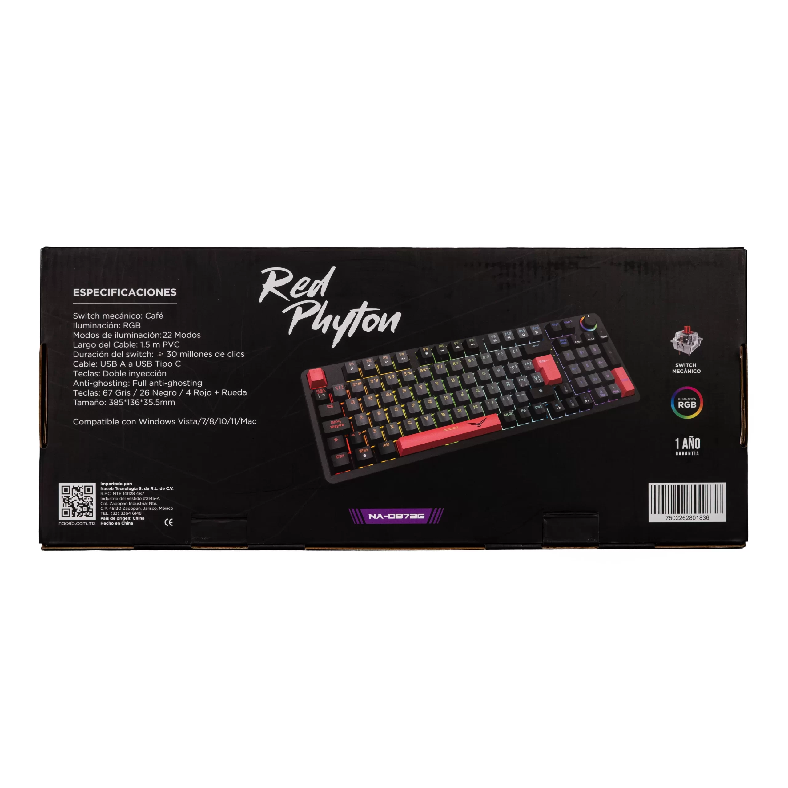 NACEB TECLADO MECANICO GAMER SWITCH BROWN RGB RED PHYTON NA-0972G - Imagen 3