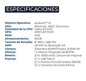 HYTab Plus 8 Pulgadas, Octacore A523, HD IPS 1280x800 G+G, 4GB/64GB, 8MP/13MP, Android 13,AX WiFi,4000 mAh con Protector de Caucho Plástico Incluido–Negro - Imagen 3