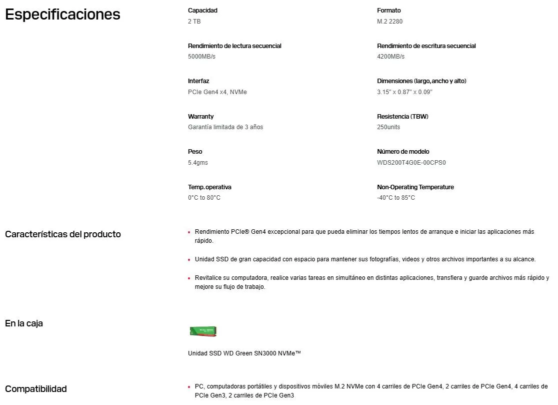 SSD GREEN WDS200T4G0E 2TB SN3000NVMe M.2 - Imagen 4