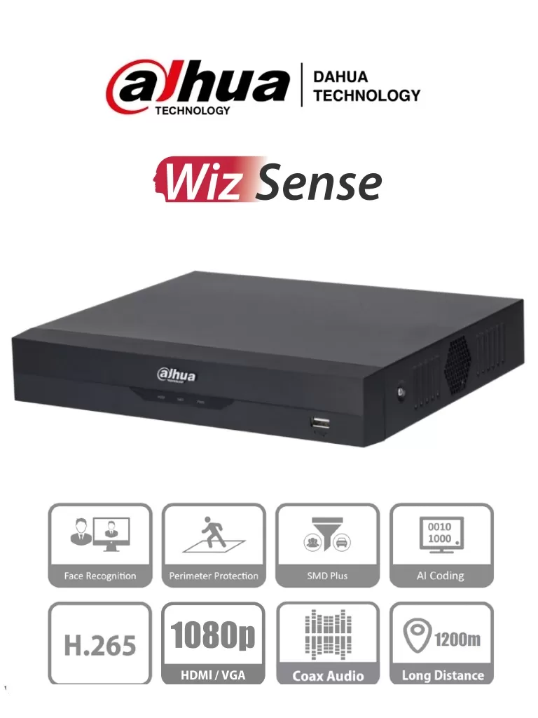 DAHUA XVR5104HS-4KL-I3 - DVR 4k de 4 Canales y 4 IP o hasta 8 IP.WizS, H.265+, 1 canal para reconocimiento facial, SDM+. sata 10TB no inluye