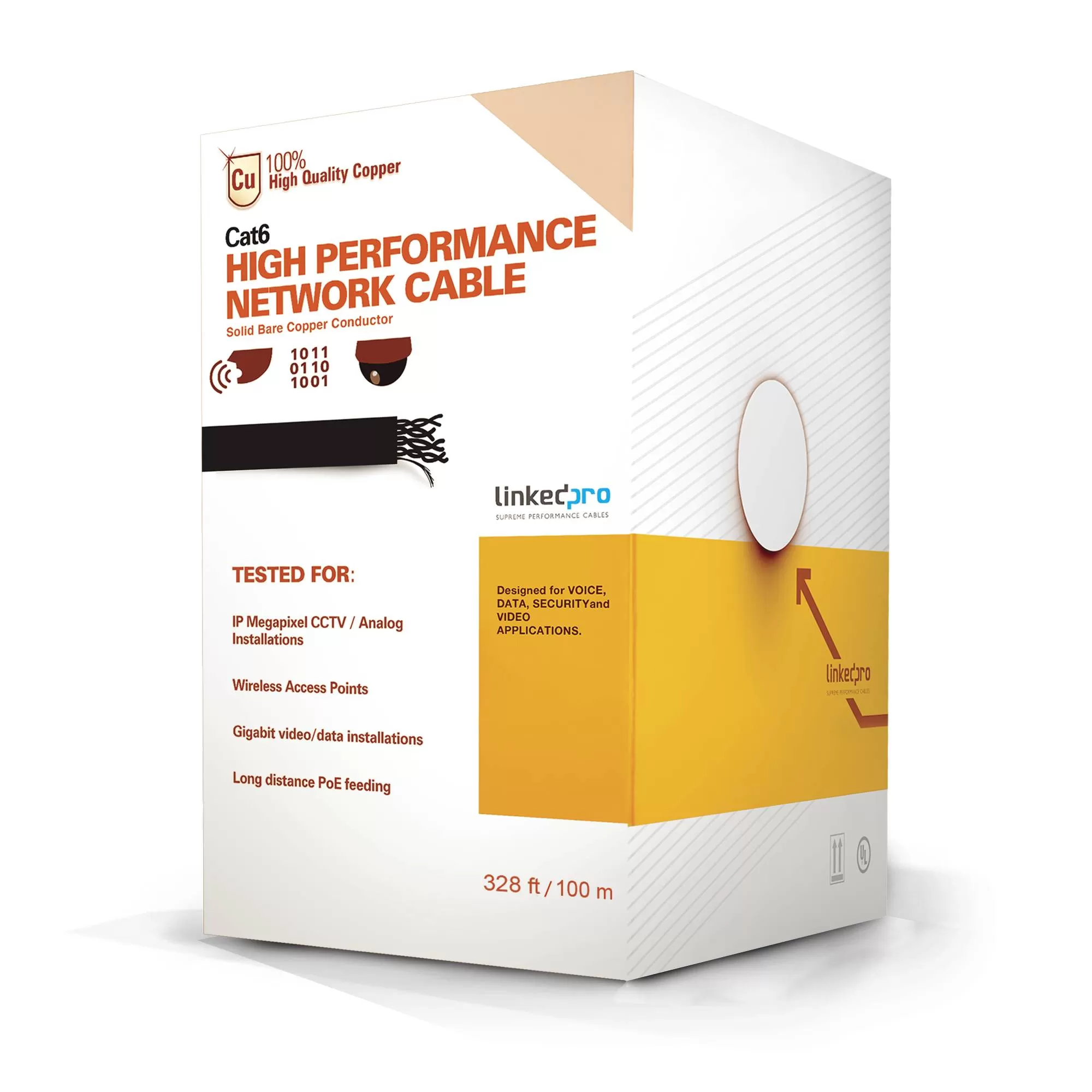 Cable Cat6+ CALIBRE 23 ALTO RENDIMIENTO, ETL,UL, color azul, 100 metros, super flexible, para aplicaciones de CCTV, video HD, y redes de datos.