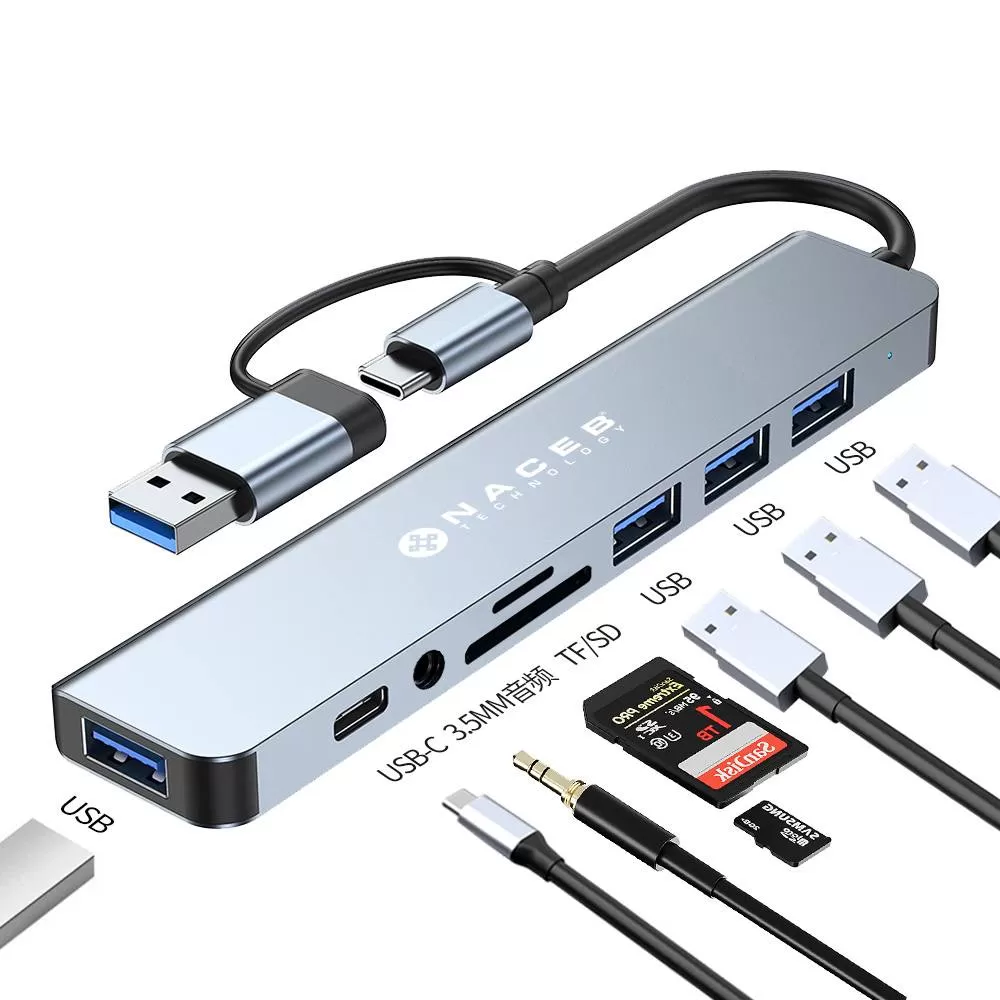 NACEB ADAPTADOR USB-C/A 8 EN 1 USB3.0+3*USB2.0+USB-C+SD/TF+AUX NA-0149 - Imagen 2