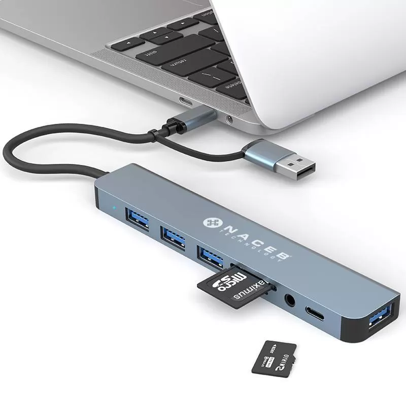 NACEB ADAPTADOR USB-C/A 8 EN 1 USB3.0+3*USB2.0+USB-C+SD/TF+AUX NA-0149 - Imagen 3