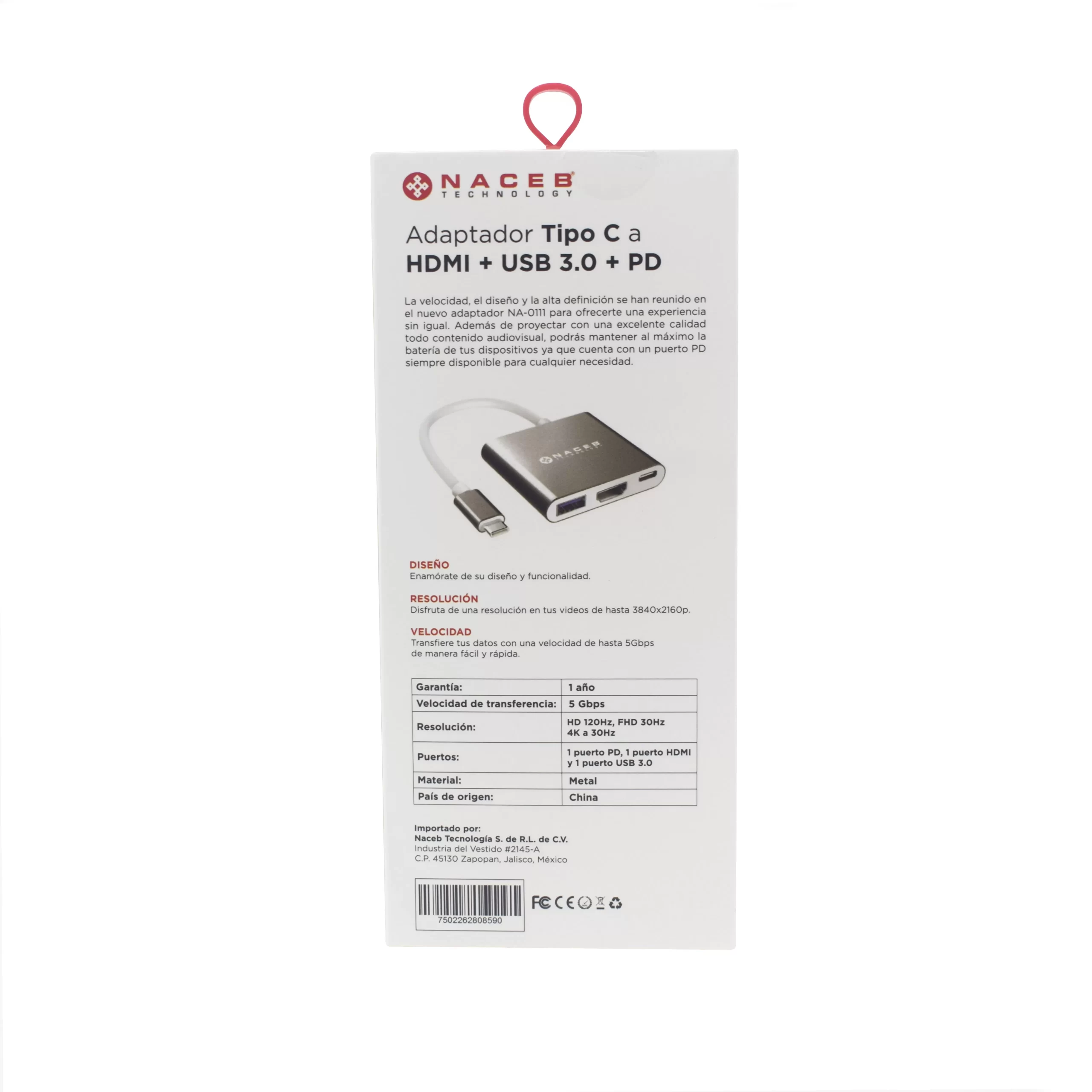 Adaptador Tipo C a HDMI + USB 3.0 + PD Naceb Technology NA-0111, Plata, USB C, HDMI + USB 3.0 + PD - Imagen 3