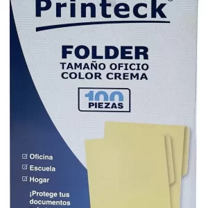 Folder Printeck Oficio color crema C/100 8-041-1 Dimensiones 24.2 cm de largo y 36.2 cm de ancho 4.5 de lomo capacidad de 50 hojas