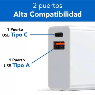 Cargador Carga Rápida, Dual USB V3.0 38W, 1 Puerto Tipo A y 1 Puerto Tipo C, Blanco, BROBOTIX 6005552 - Imagen 3