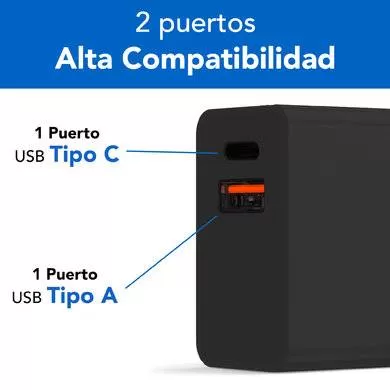Cargador Carga Rápida, Dual USB V3.0 38W, 1 Puerto Tipo A y 1 Puerto Tipo C, Negro, BROBOTIX 6005569 - Imagen 3