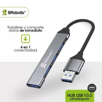HUB USB V3.0, 4 PUERTOS CONEXIÓN TIPO A, PLATA 406108, BROBOTIX