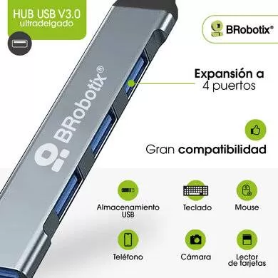 HUB USB V3.0, 4 PUERTOS CONEXIÓN TIPO A, PLATA 406108, BROBOTIX - Imagen 2