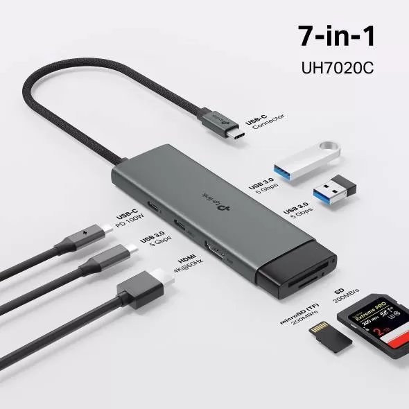 Hub USB tipo C 7 en 1 (UH7020C) Conector 1*USB tipo C, 7 puertos, Interfaz de vídeo 1*HDMI 4K a 60 Hz
