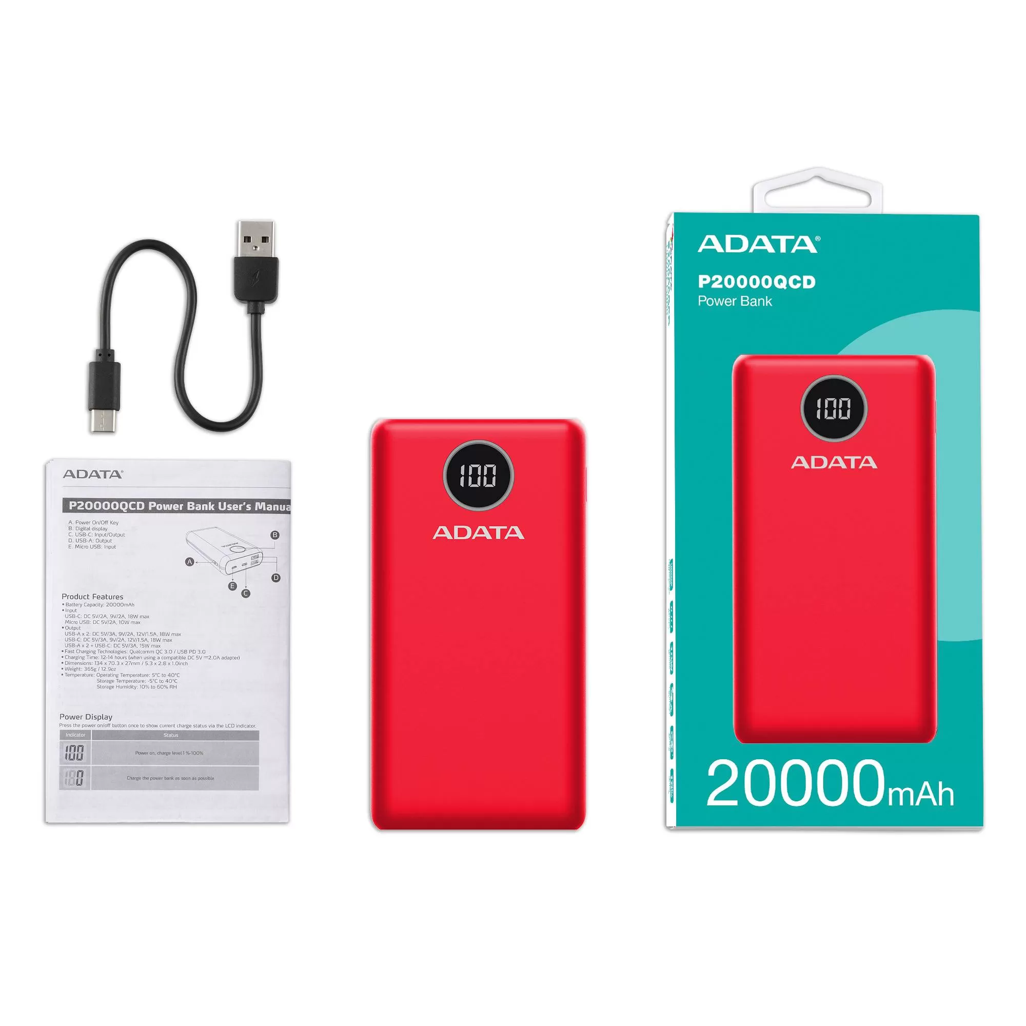 PowerBank ADATA P20000QCD, 20,000 mAh. Compatible con Qualcomm QC 3.0 y USB Power Delivery 3.0. indicador digital de carga y 2 puertos USB-A y 1 USB-C - Imagen 3