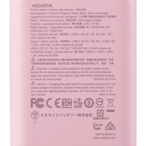 PowerBank ADATA C100 de 10,000 mAh. Carga simultánea de 2 dispositivos. Con indicador LED de carga. Color ROSA. PC10022-12PK