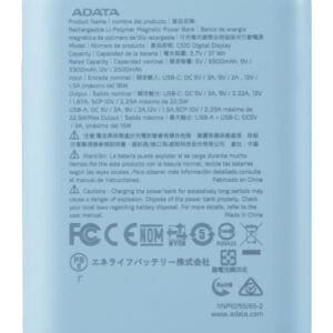PowerBank ADATA C100 de 10,000 mAh. Carga simultánea de 2 dispositivos. Con indicador LED de carga. Color AZUL. PC10022-12LB