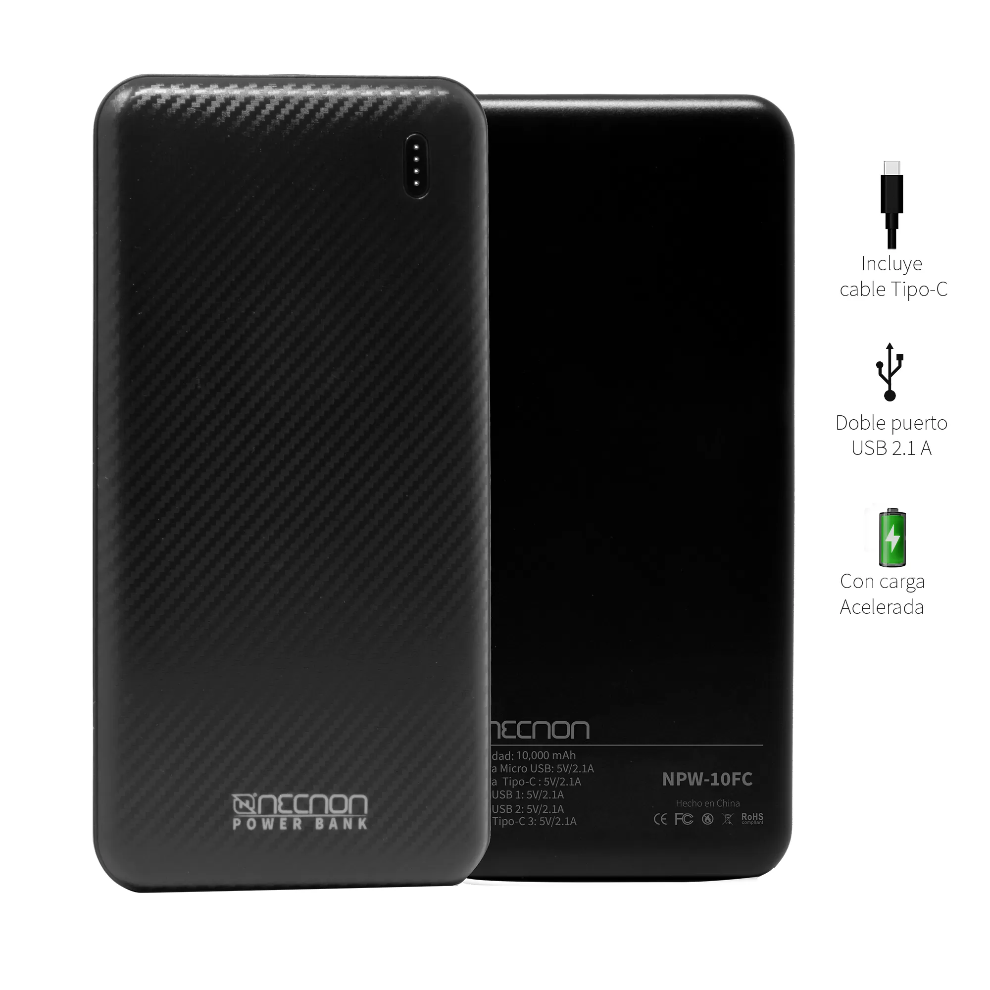 Power Bank NPW-10FC Necnon 10000mAh Carga 2.1A 2 A 3 Cargas - Imagen 2