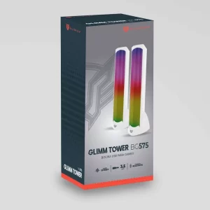 Bocinas 2.0 Gamer Glimm Tower BG575 Balam Rush Conexión Bluetooth/Auxiliar, iluminación LED 3 modos, 10w RMS. Sonido estéreo, Alimentación 5 Vcc 1A, Tipo d