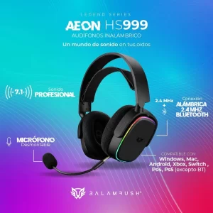 Audífonos 7.1ch Inalámbricos Aeon HS999 Balam Rush Conexión BT/ RF 2.4ghz, Micrófono desmontable, Bandas y carcazas intercambiables