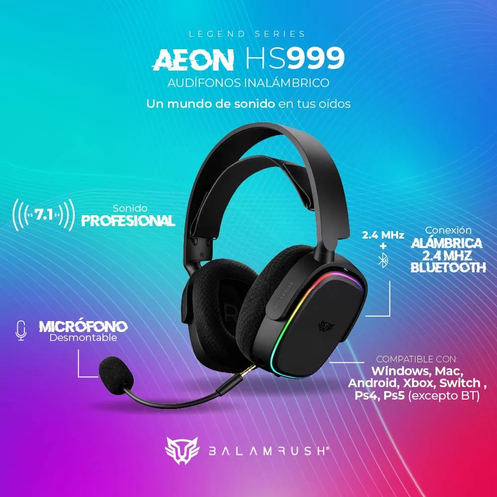 Audífonos 7.1ch Inalámbricos Aeon HS999 Balam Rush Conexión BT/ RF 2.4ghz, Micrófono desmontable, Bandas y carcazas intercambiables