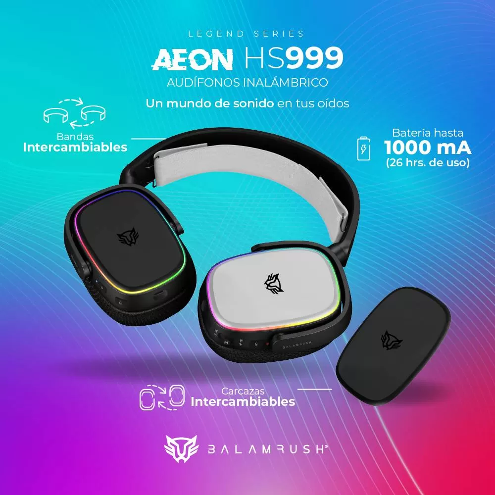 Audífonos 7.1ch Inalámbricos Aeon HS999 Balam Rush Conexión BT/ RF 2.4ghz, Micrófono desmontable, Bandas y carcazas intercambiables - Imagen 2