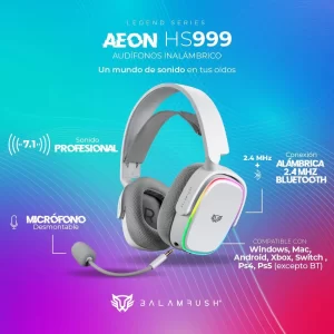 Audífonos 7.1ch Inalámbricos Aeon HS999 Balam Rush Conexión BT/ RF 2.4ghz, Micrófono desmontable, Bandas y carcazas intercambiables