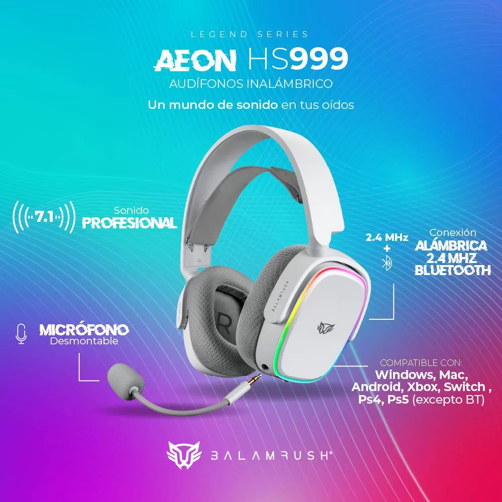 Audífonos 7.1ch Inalámbricos Aeon HS999 Balam Rush Conexión BT/ RF 2.4ghz, Micrófono desmontable, Bandas y carcazas intercambiables