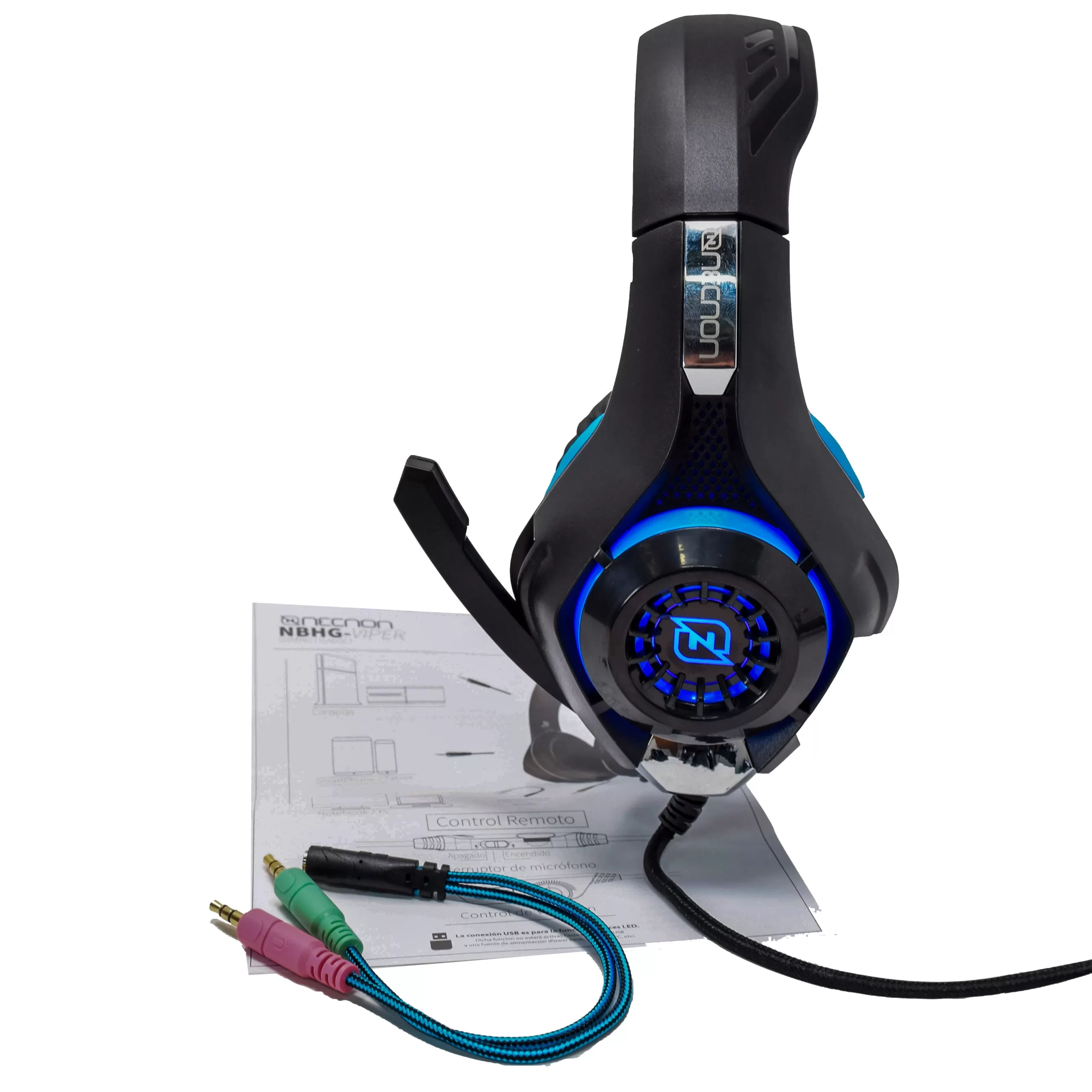 HEADSET GAMING OVER-EAR NBHG VIPER LED ALAMBRICO DIADEMA FLEXIBLE MICROFONO 3.5MM USB PC CONSOLAS CELULAR INC ADAPTADOR MEGABASS AZUL - Imagen 3