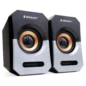 BOCINA ALAMBRICA, STEREO, USB + 3.5 MM, C/CONTROL DE VOLUMEN, ANTIDESLIZANTE, DE ESCRITORIO, P/PC/LAPTOP, NEGRO/PLATA, BROBOTIX 963913