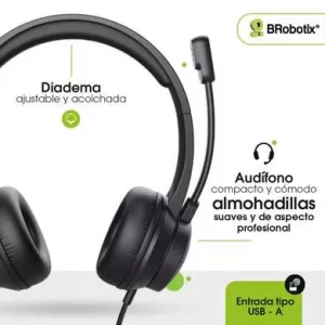 AUDÍFONO DIADEMA USB V2.0, ULTRASUAVE CON MICRÓFONO Y CANCELACION DE RUIDO, 406054 BROBOTIX