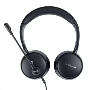 Diadema alámbrica con micrófono TZACDII02 TechZone, color negro, conexión USB-A, banda para cabeza acojinada, Impedancia de micrófono de 2200 W