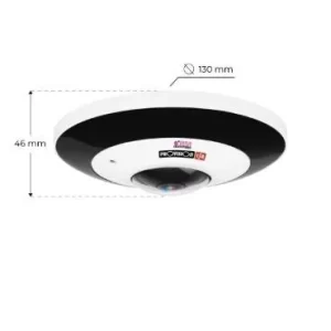 Cámara fisheye IP 6 MP, Lente 1,65 mm (360° for Ceiling Mount / 180° For Wall Mount) , de dia detecta hasta 90 mts , DDA , microfono, WDR, IP67
