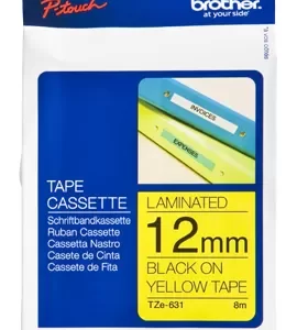 Etiqueta amarilla continua laminada Brother TZE631, de 12 mm de ancho x 8 mts de largo. Impresión en negro.