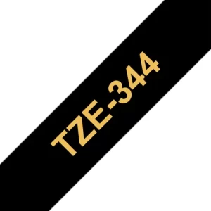 Etiqueta negra continua laminada Brother TZE344, de 18 mm de ancho x 8 mts de largo. Impresión en dorado.