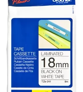 Etiqueta blanca continua laminada Brother TZE241, de 18 mm de ancho x 8 mts de largo. Impresión en negro.