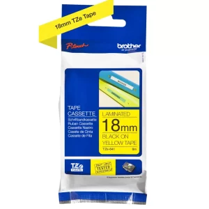Etiqueta amarilla continua laminada Brother TZE641, de 18 mm de ancho x 8 mts de largo. Impresión en negro.