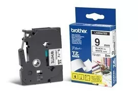 Etiqueta blanca continua laminada Brother TZE221, de 9 mm de ancho x 8 mts de largo. Impresión en negro.