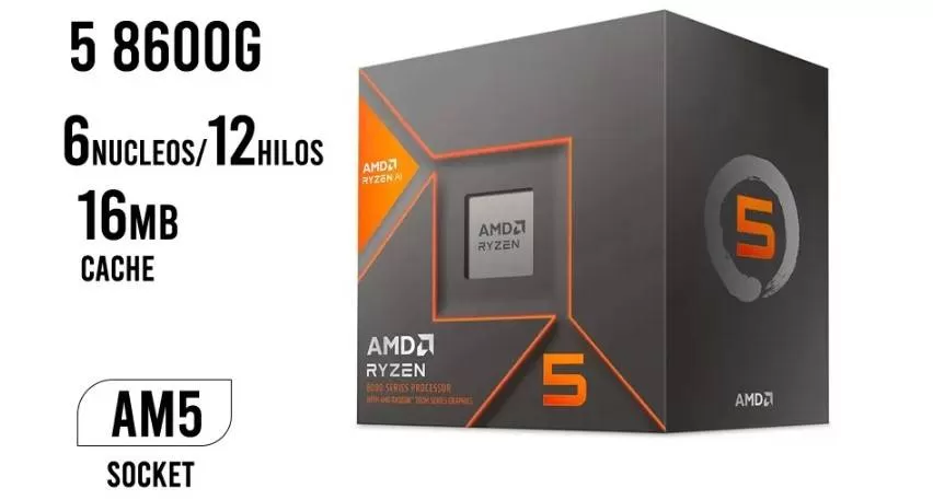AMD RYZEN 5 8600G, 6 núcleos, Socket AM5, Con Ventilador, Con Gráficos Incluidos.