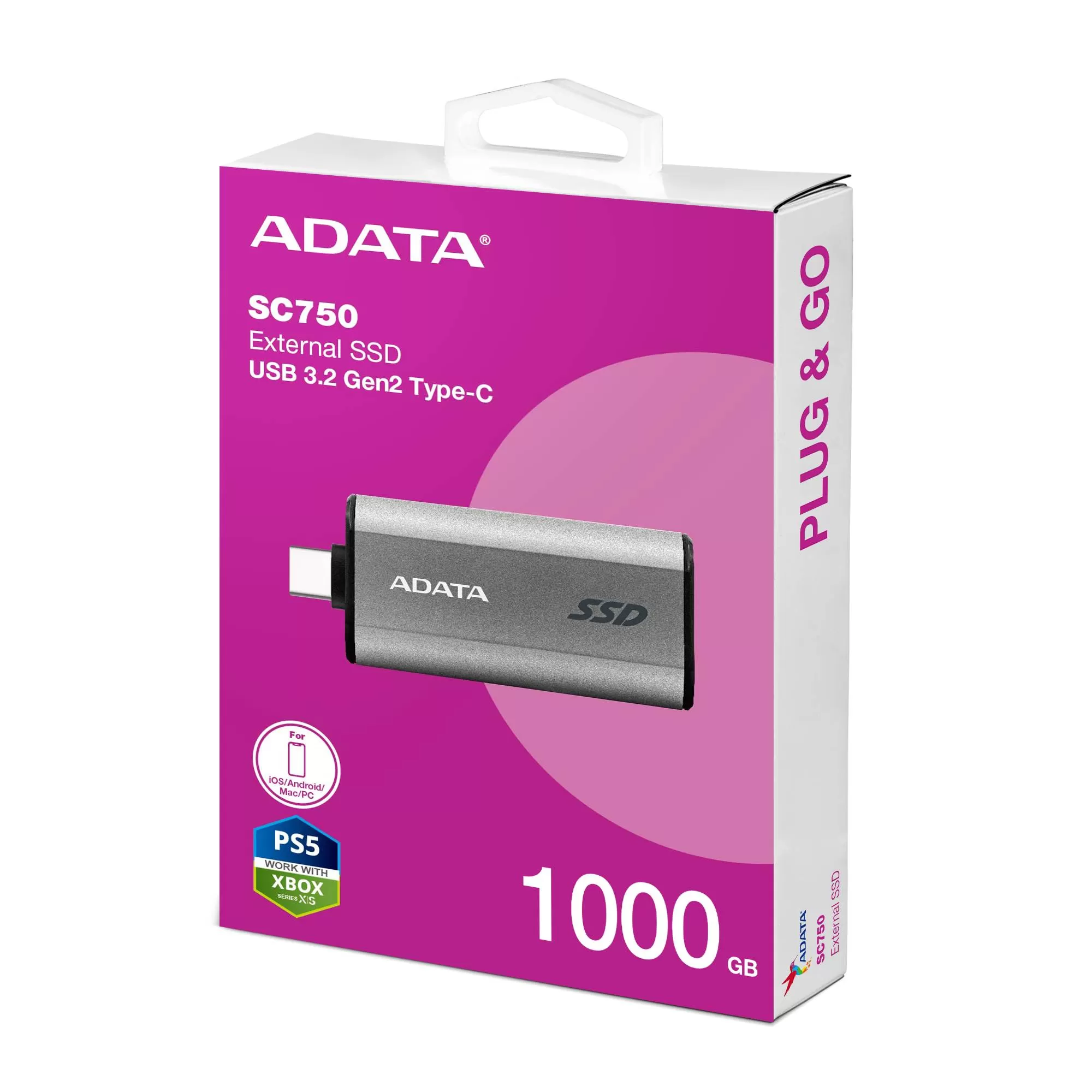 SSD Externo ADATA SC750 1000GB. Interfaz USB 3.2 Gen 2 X2, Puerto USB-C. Color NEGRO. Numero de parte SC750-1000G-CCBK - Imagen 4